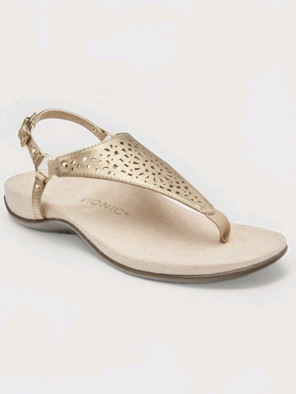 Vionic Kirra Sandals Gold Perforated Leather Thong Slingback Arch Support Sz 9.5